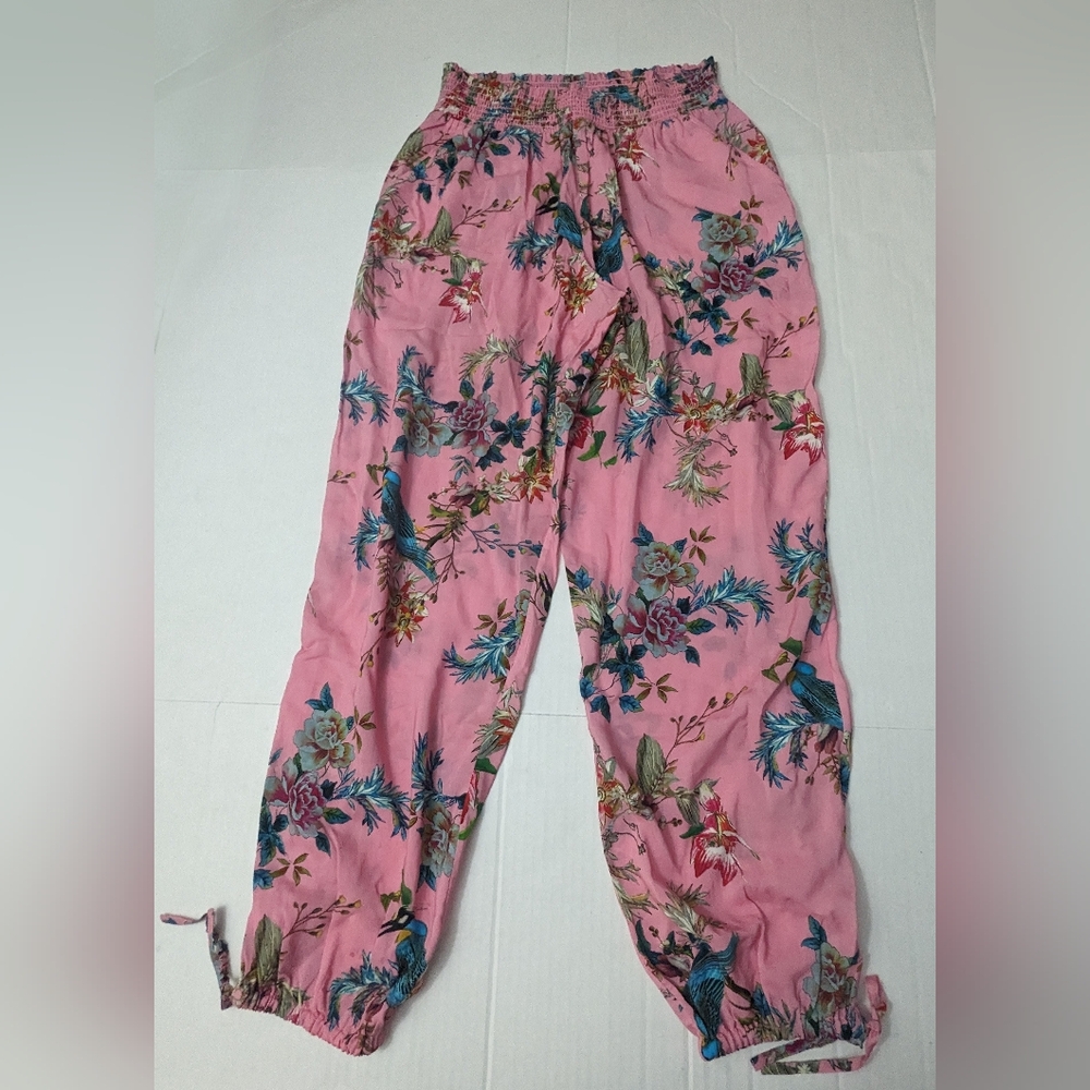 Johnny Was California Bohemian Paradise Rose Floral Bird Print Pants Size S NWOT